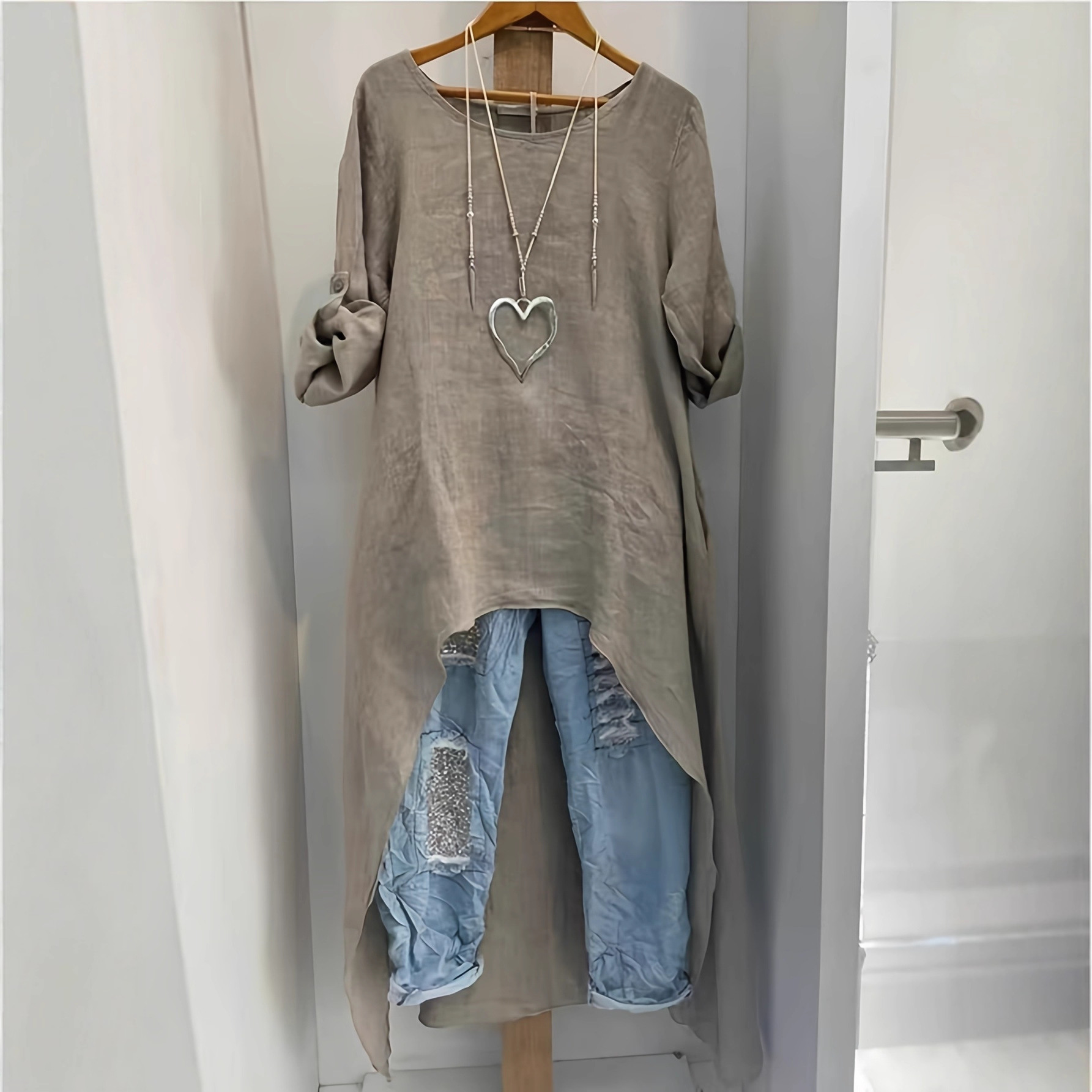 Haut col crew lin irrégulier allongé femme