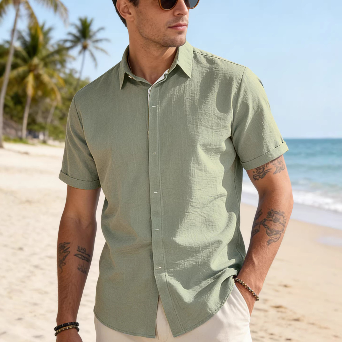 Chemise col revers manches courtes unie homme