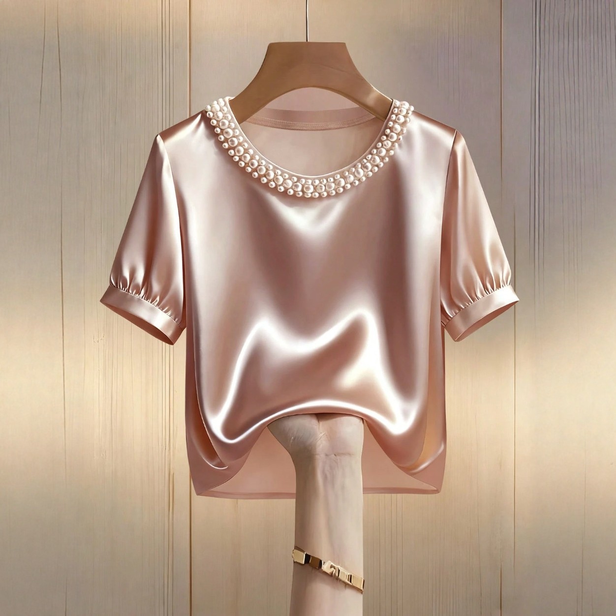 Manches courtes col perles satin style français