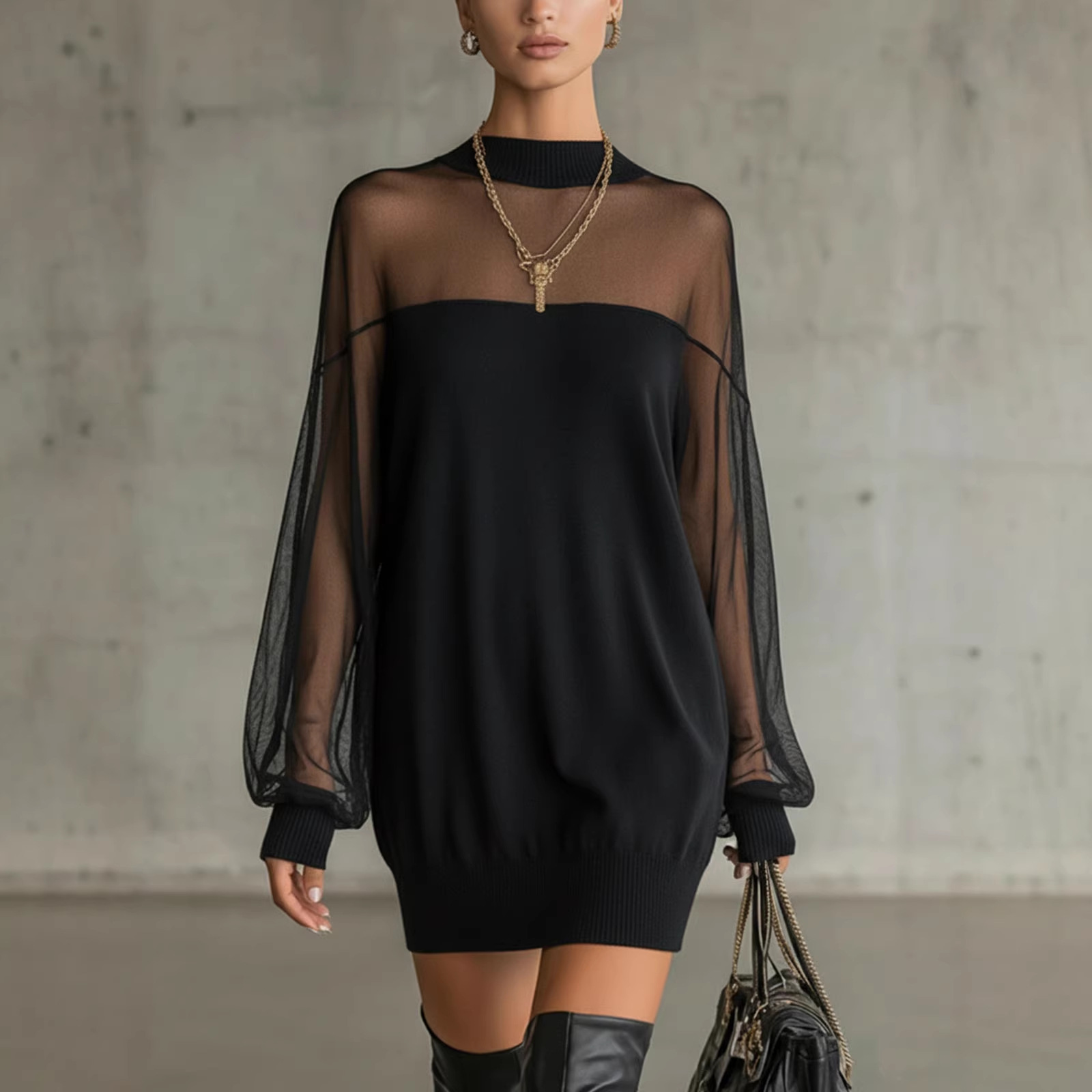 Mini jupe patchwork mesh automne-printemps col O femmes
