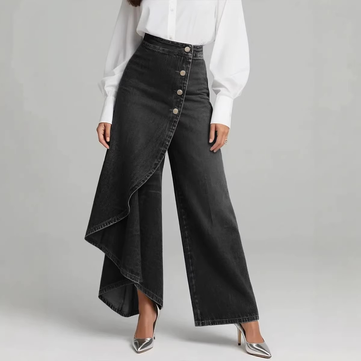 Pantalon droit à volants façon jean pour femme