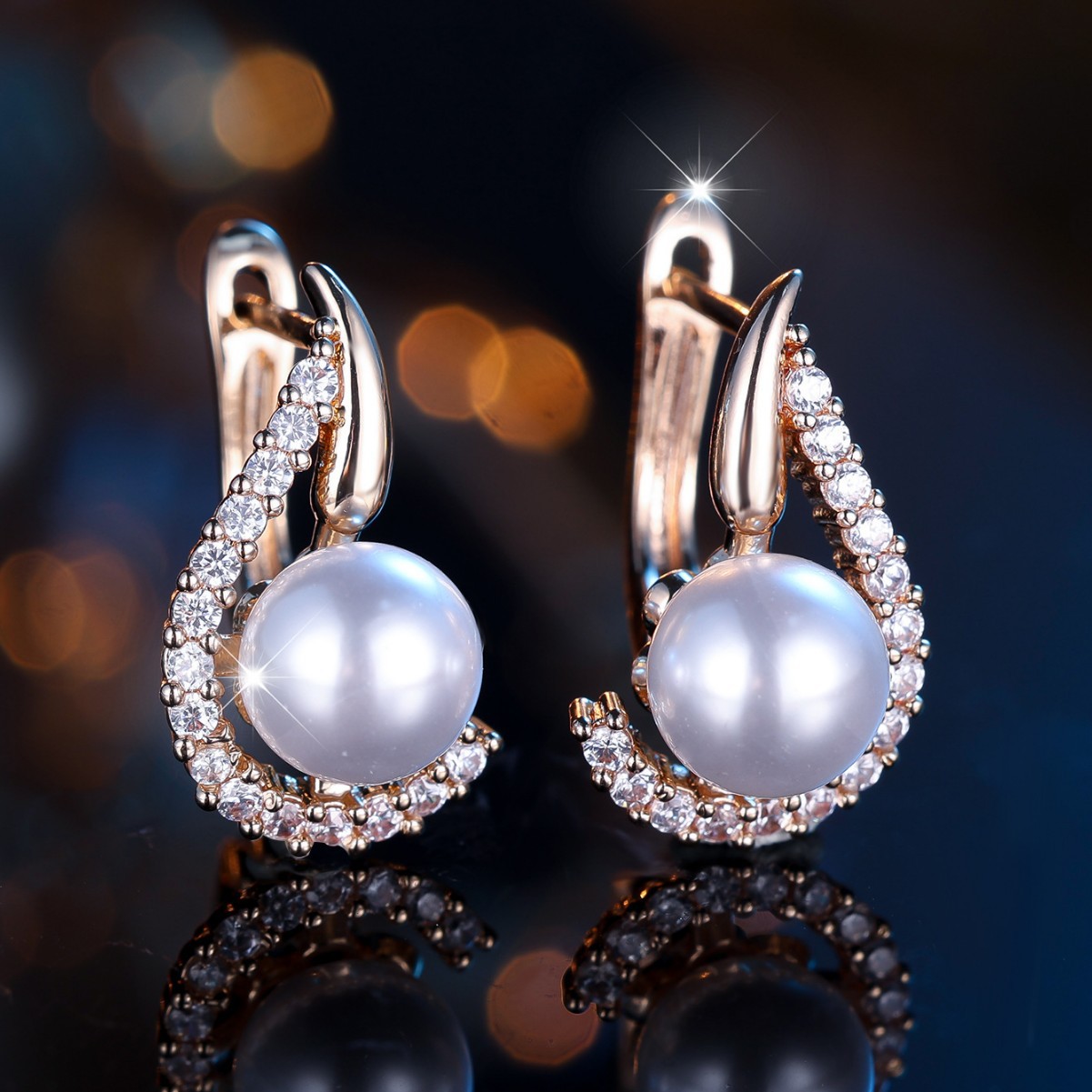 Boucles oreilles femme perle or champagne diamants