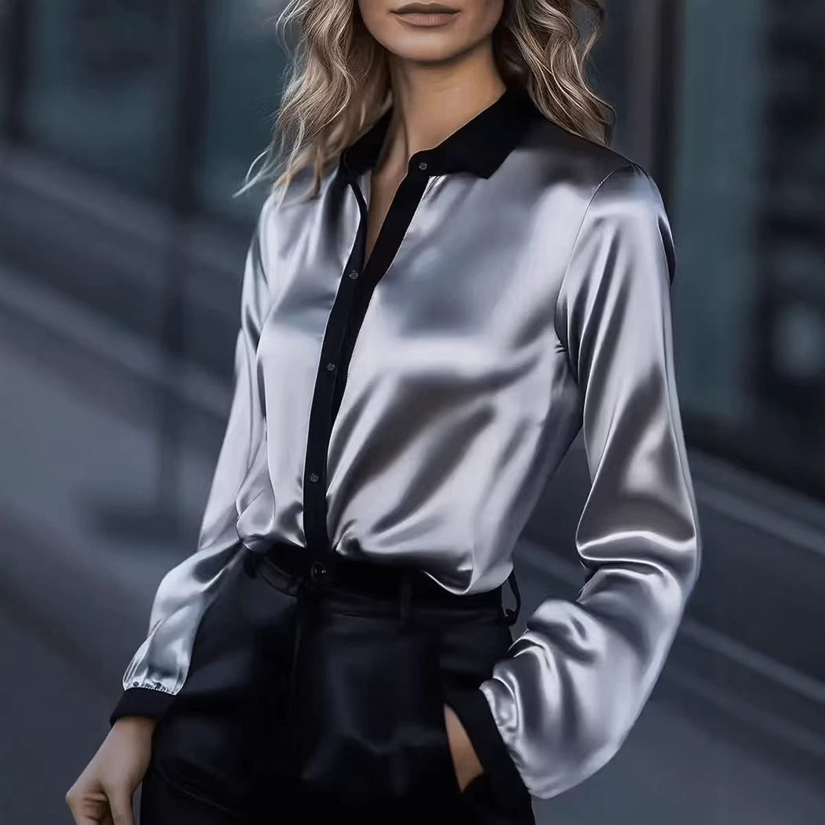Chemise satin bicolore manches longues femme
