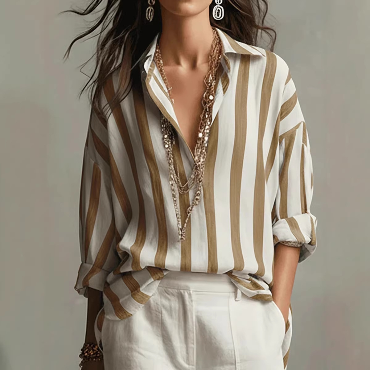 Blouse femme pullover col revers rayée ample