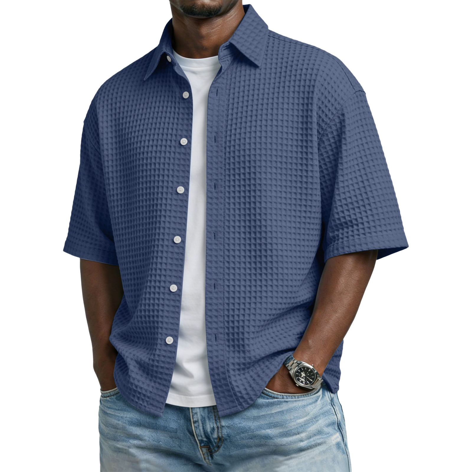 T-shirt homme, col revers, tricot gaufré, couleur unie