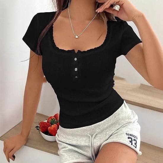 Chemise col V dentelle automne hiver slim manches