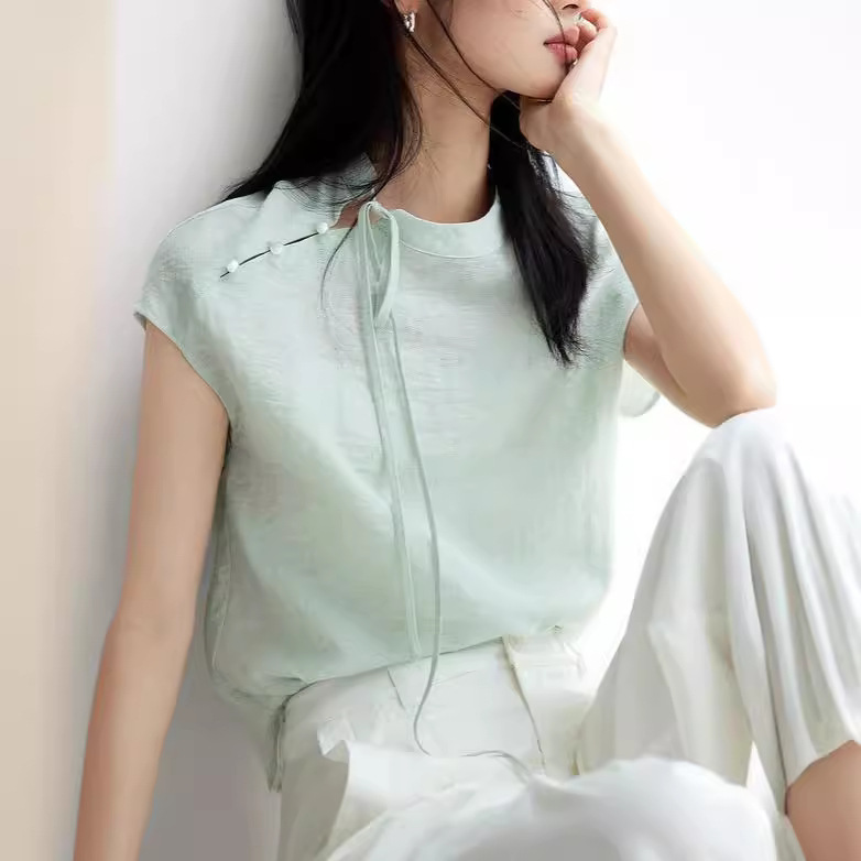 Chemise lin artiste intellectuelle style chinois menthe