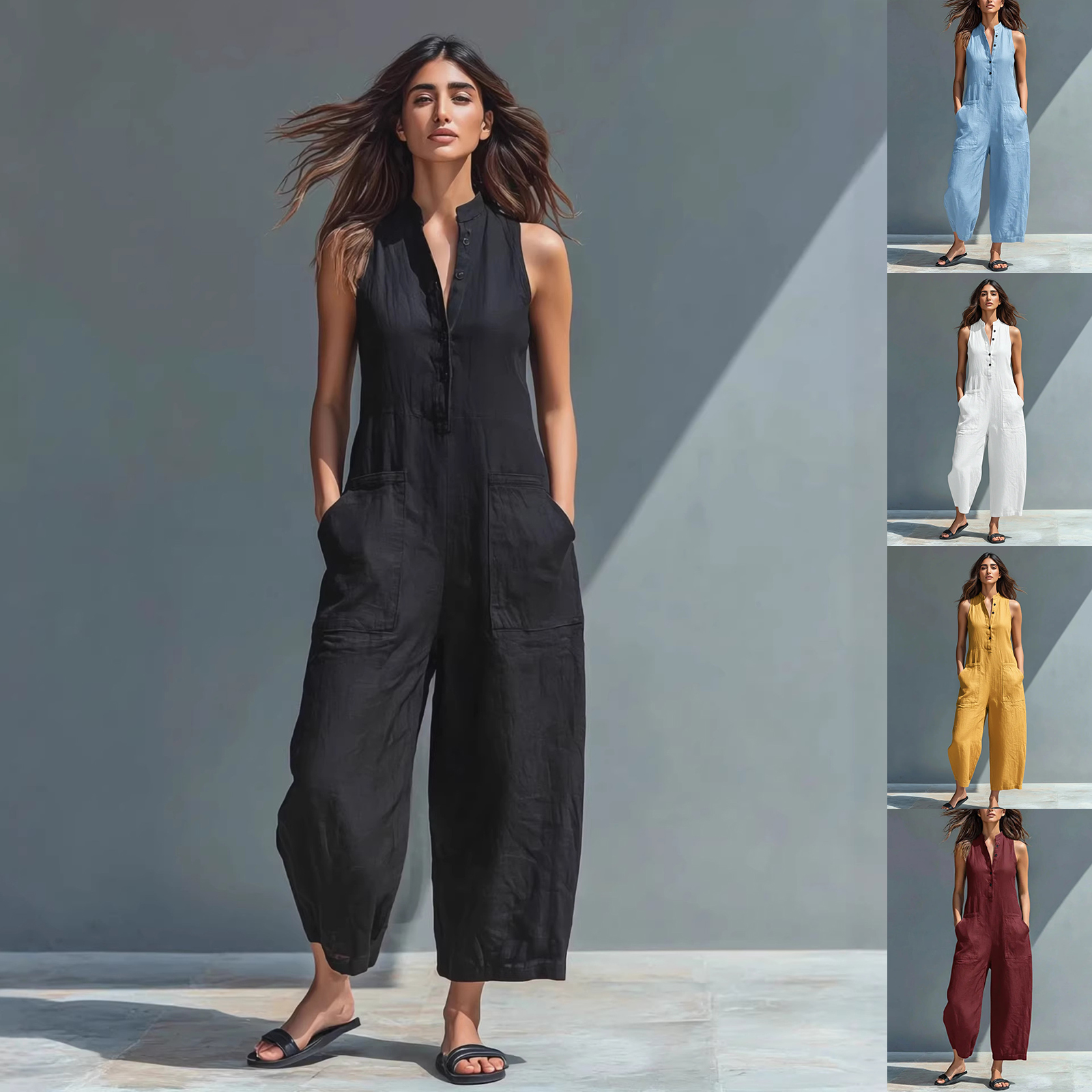 Combinaison pantalon poches col V femme été