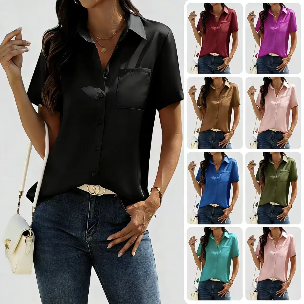 Chemise Revers Couleur Unie Manche Court