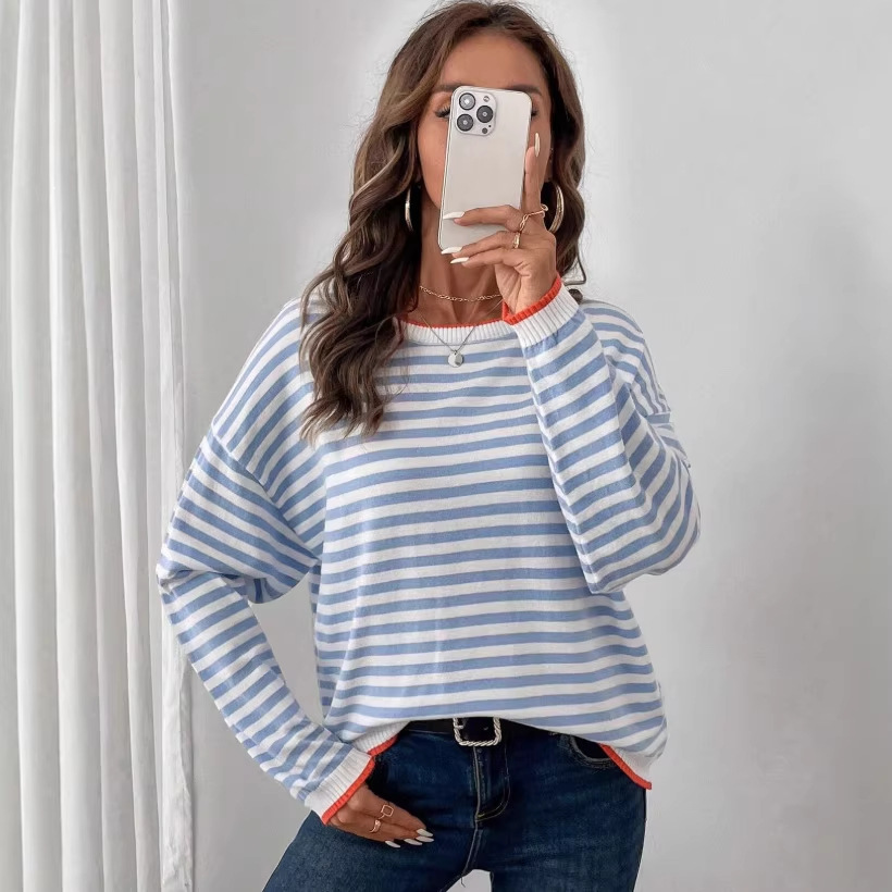 T-shirt rayé ample col rond manches longues pour femmes