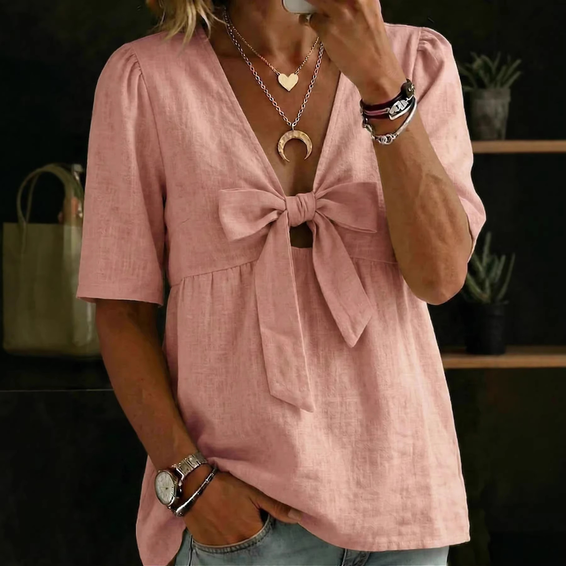 Chemise haut col V décontractée polyvalente femme