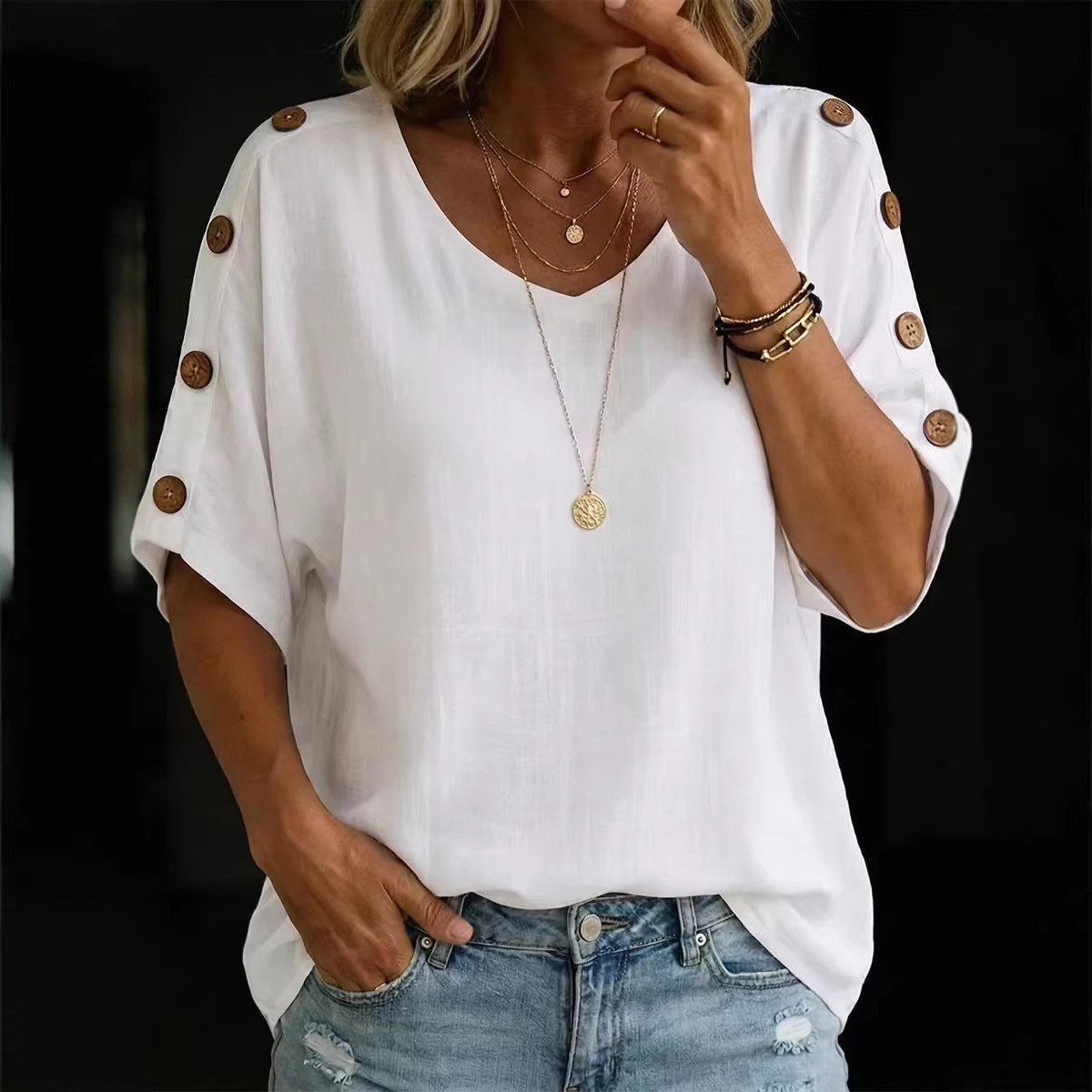 T-shirt ample à col rond boutonné pour femme
