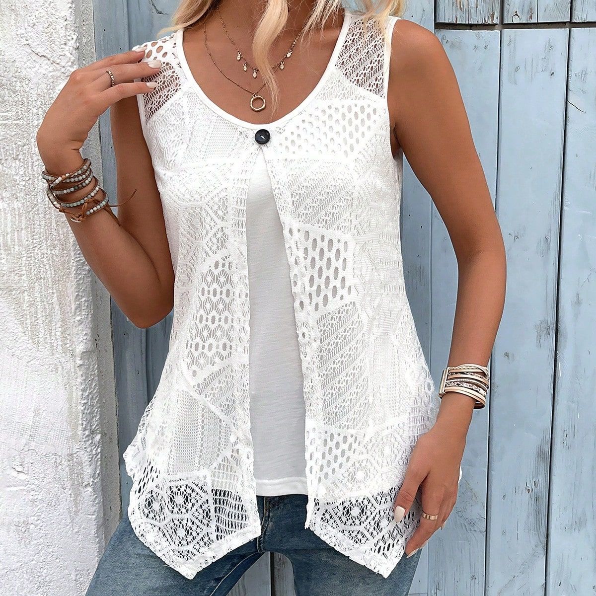 Gilet mailles boucle sans manches faux deux-pièces
