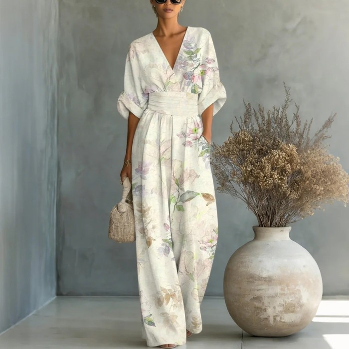 Combinaison femme col V imprimé, taille cintrée