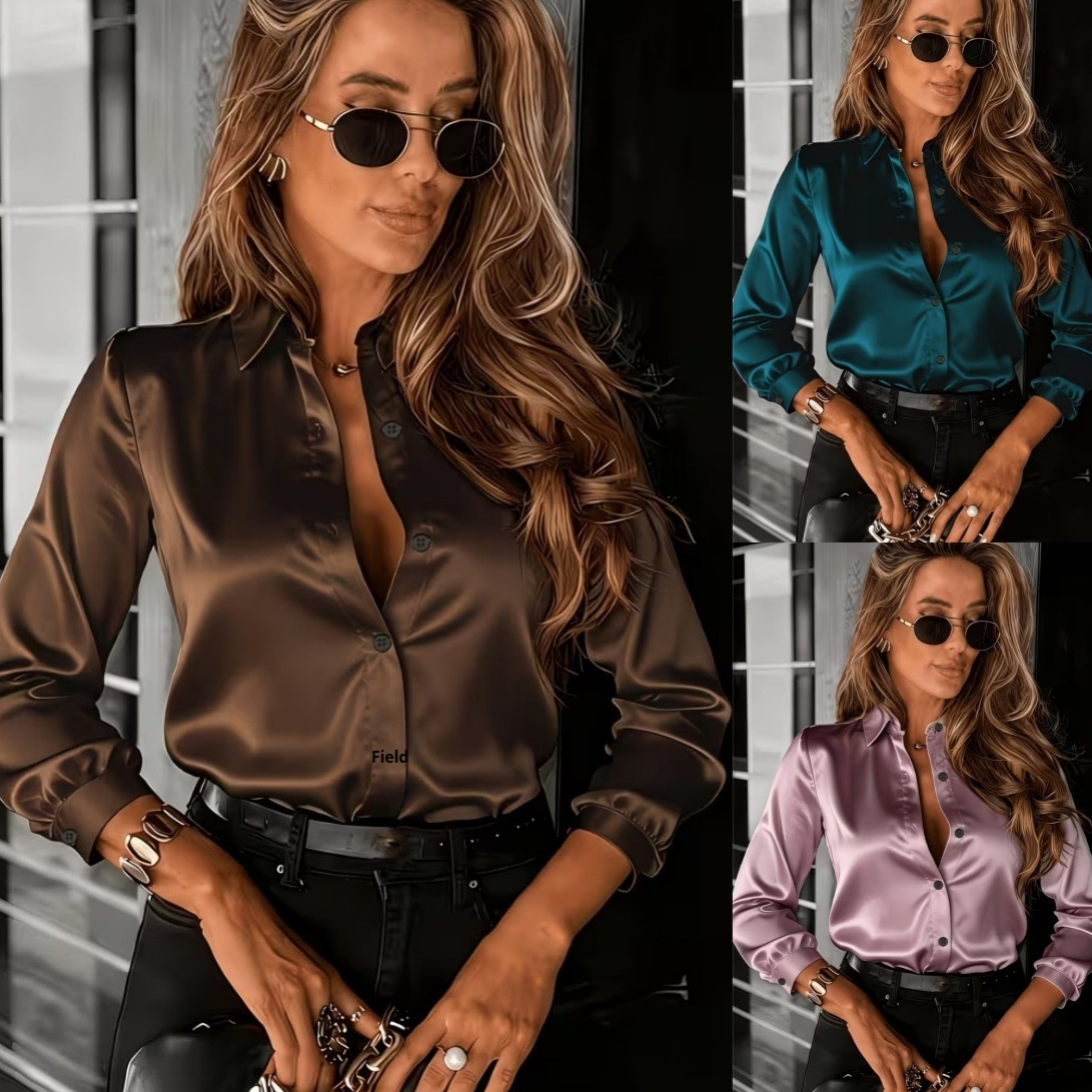 Chemise Satin Drapé Manche Longue Femme Col Revers