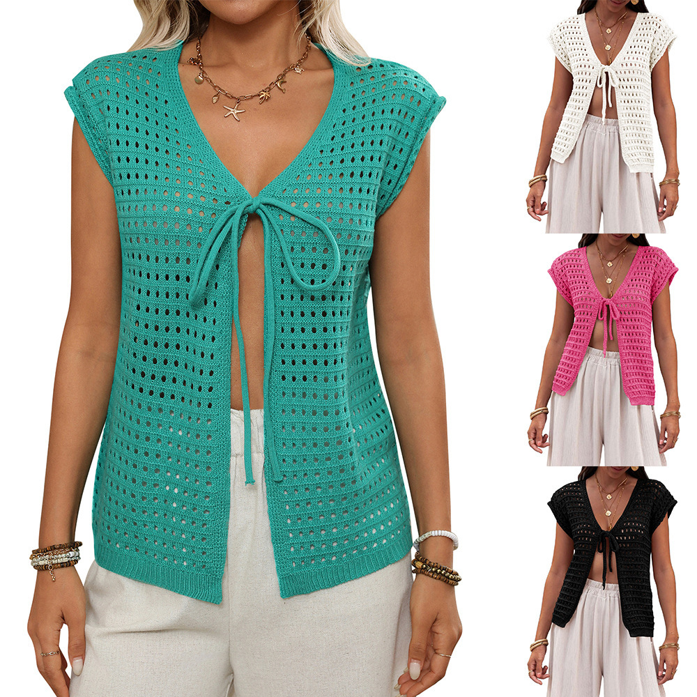 Cardigan Femme Ajouré Manches Courtes Tricot