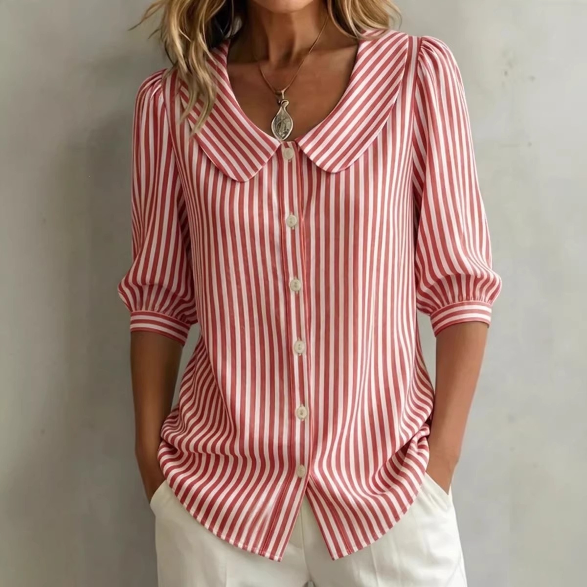 Chemise à col V rayée manches mi-longues femme