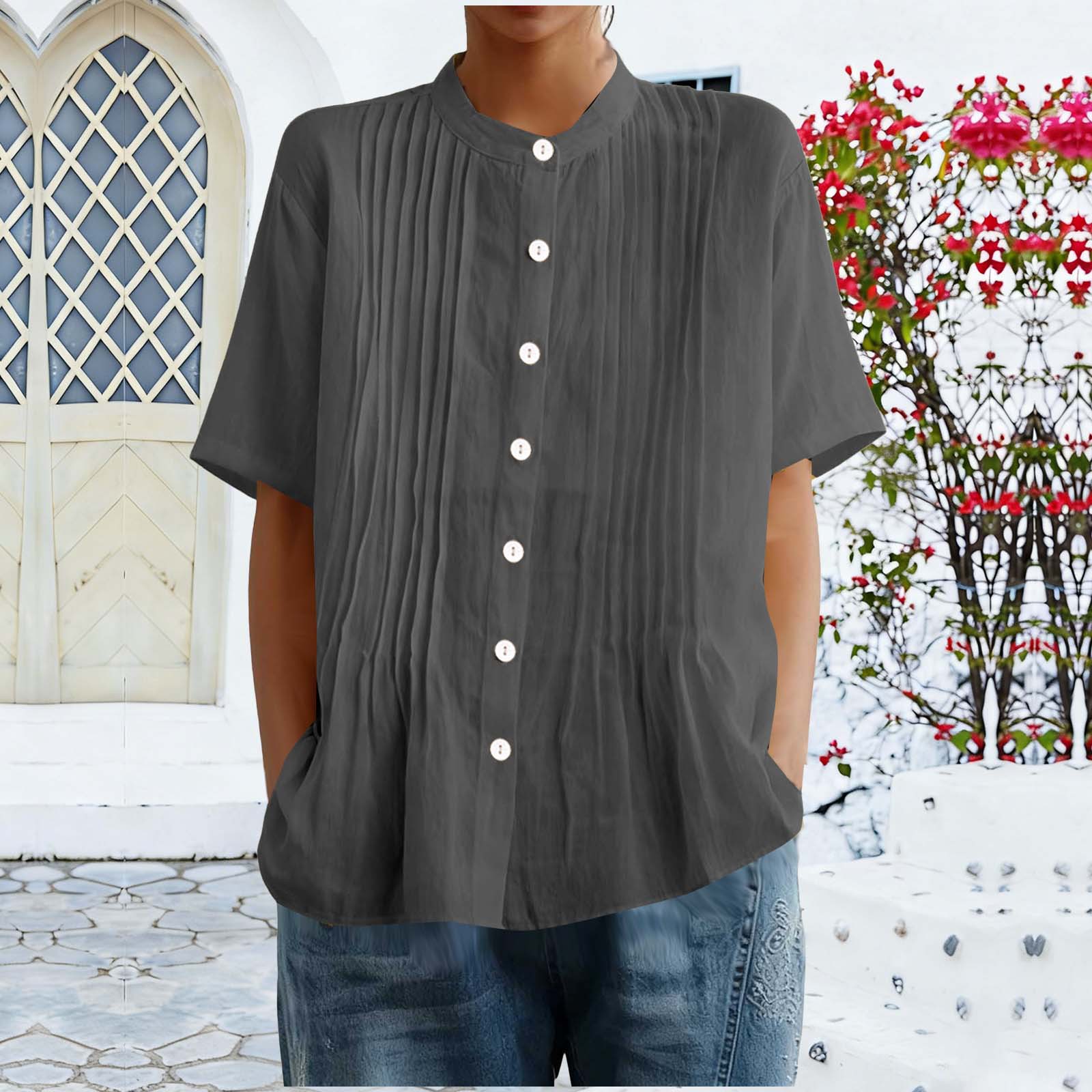 Chemise vintage coton-lin manches courtes