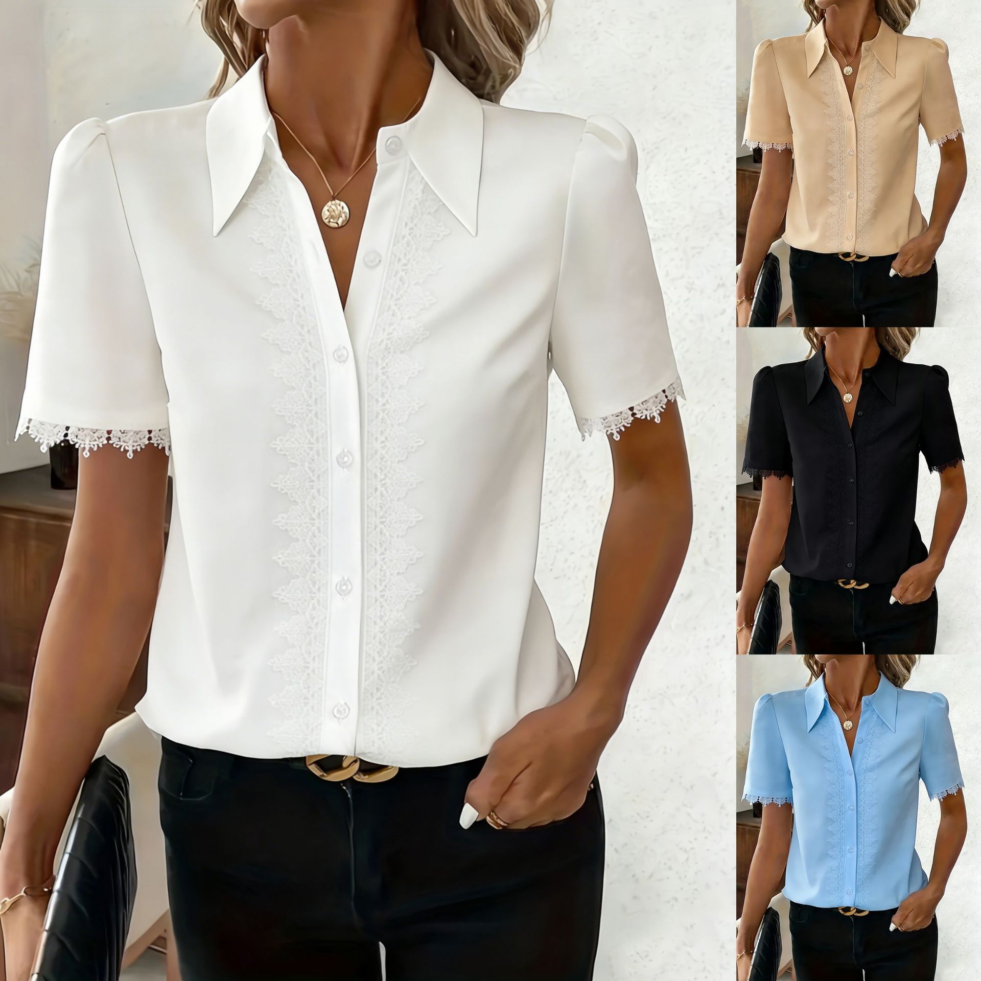 Chemise femme col V dentelle garniture commuter