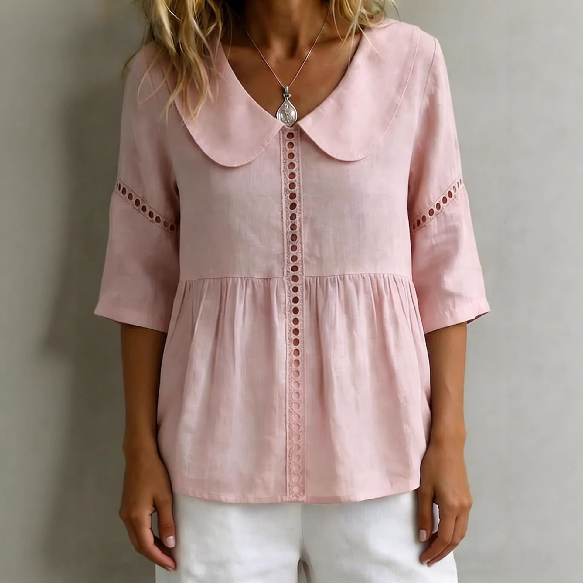 Haut col poupée creusé coton-lin pour femme