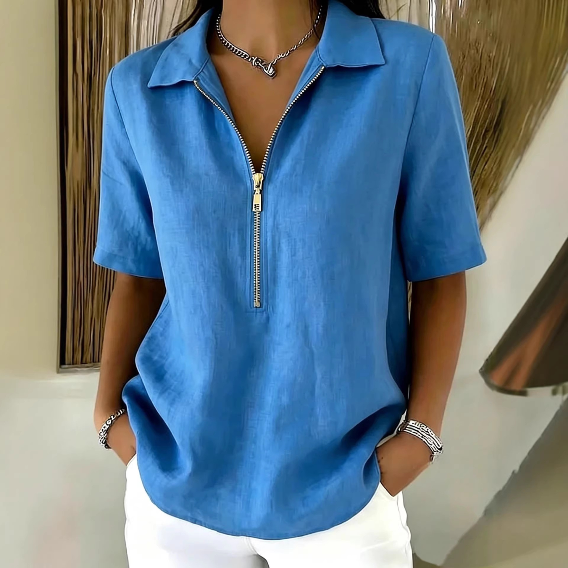 Blouse femme unie col-fermeture éclair manches mi-longues