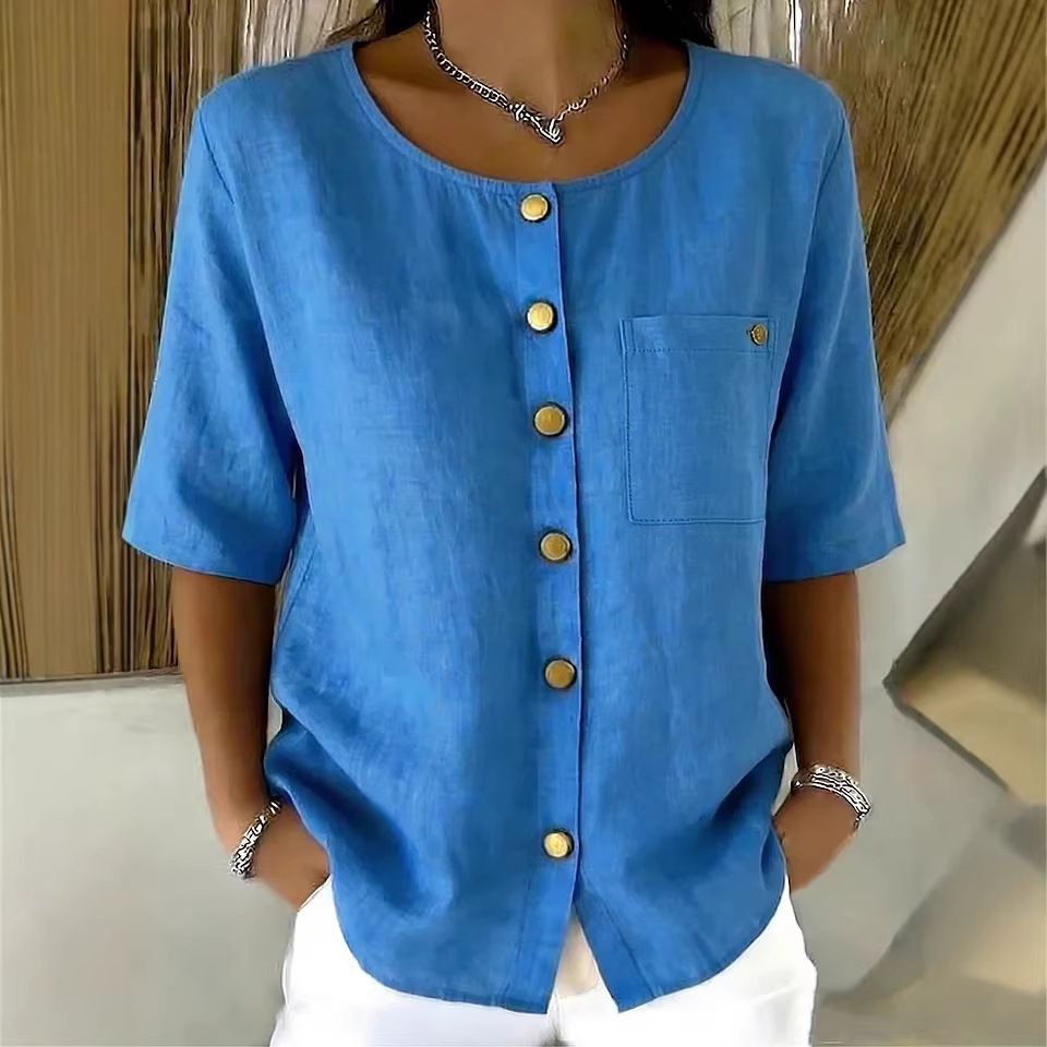 Chemise femme, col rond, boutons métal, manches 3/4