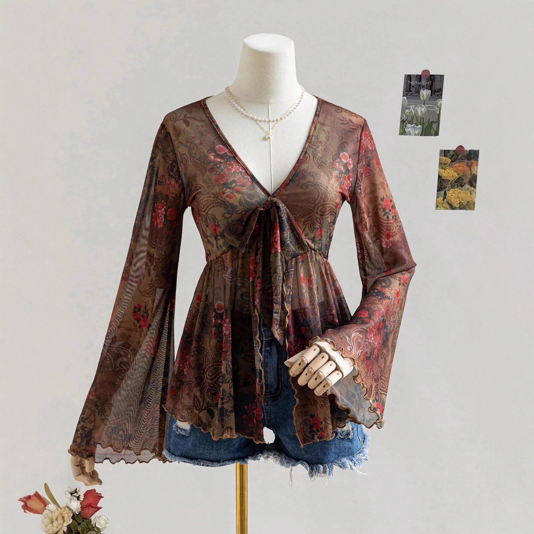 Chandail à manches longues imprimé vintage à volants pour femme