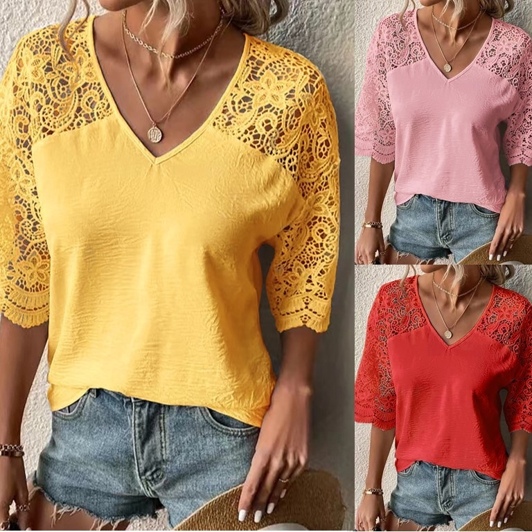 T-shirt encolure V 3/4 dentelle creuse loose