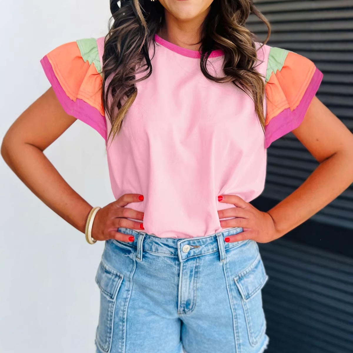 T-shirt femme col rond manches bouffantes color-block