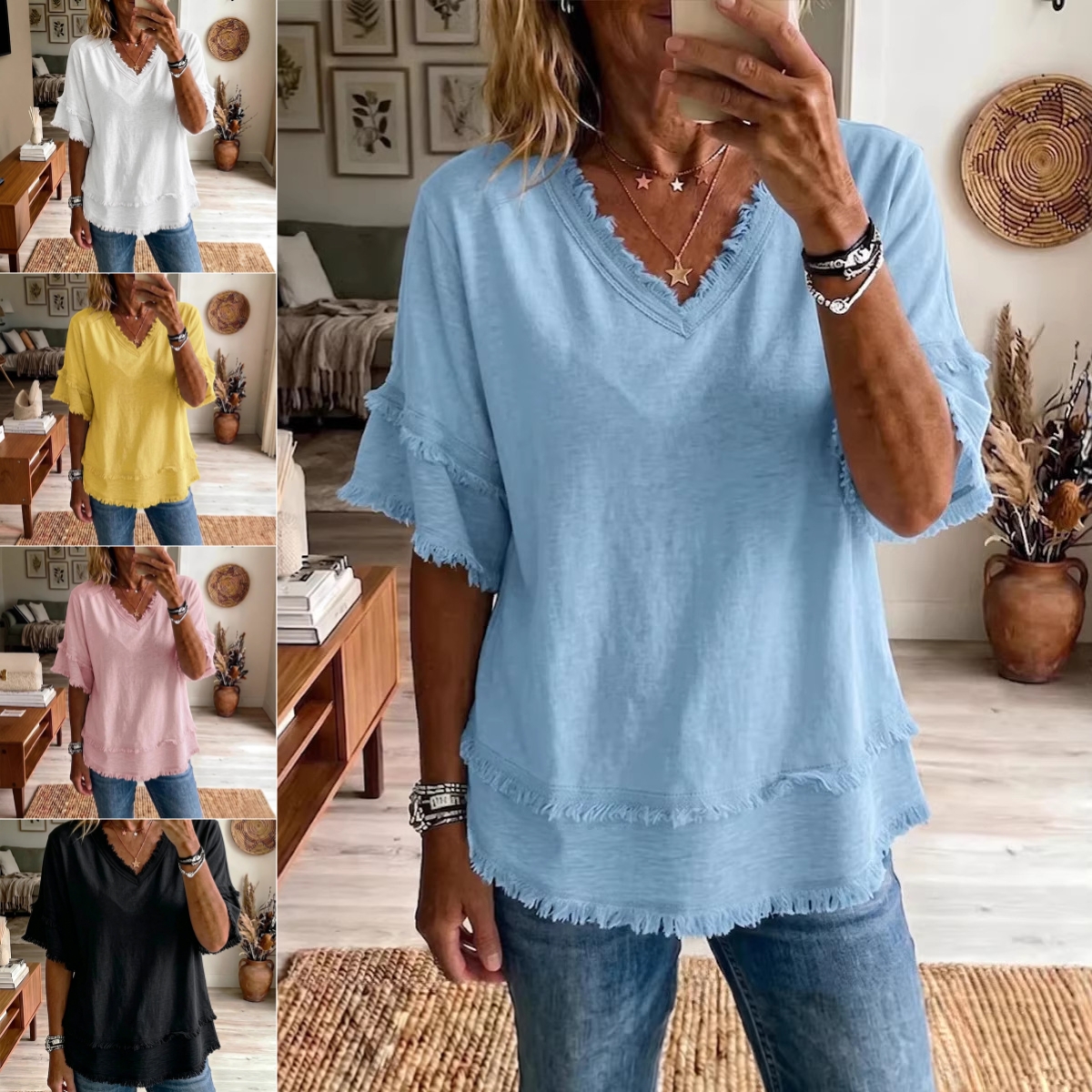 Chemise femme col V manches courtes décontractée été