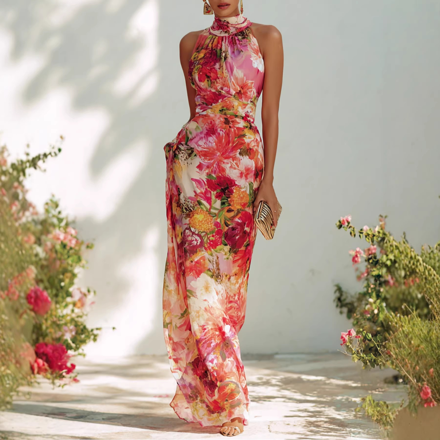 Robe mousseline fine fleurie licou printemps-été
