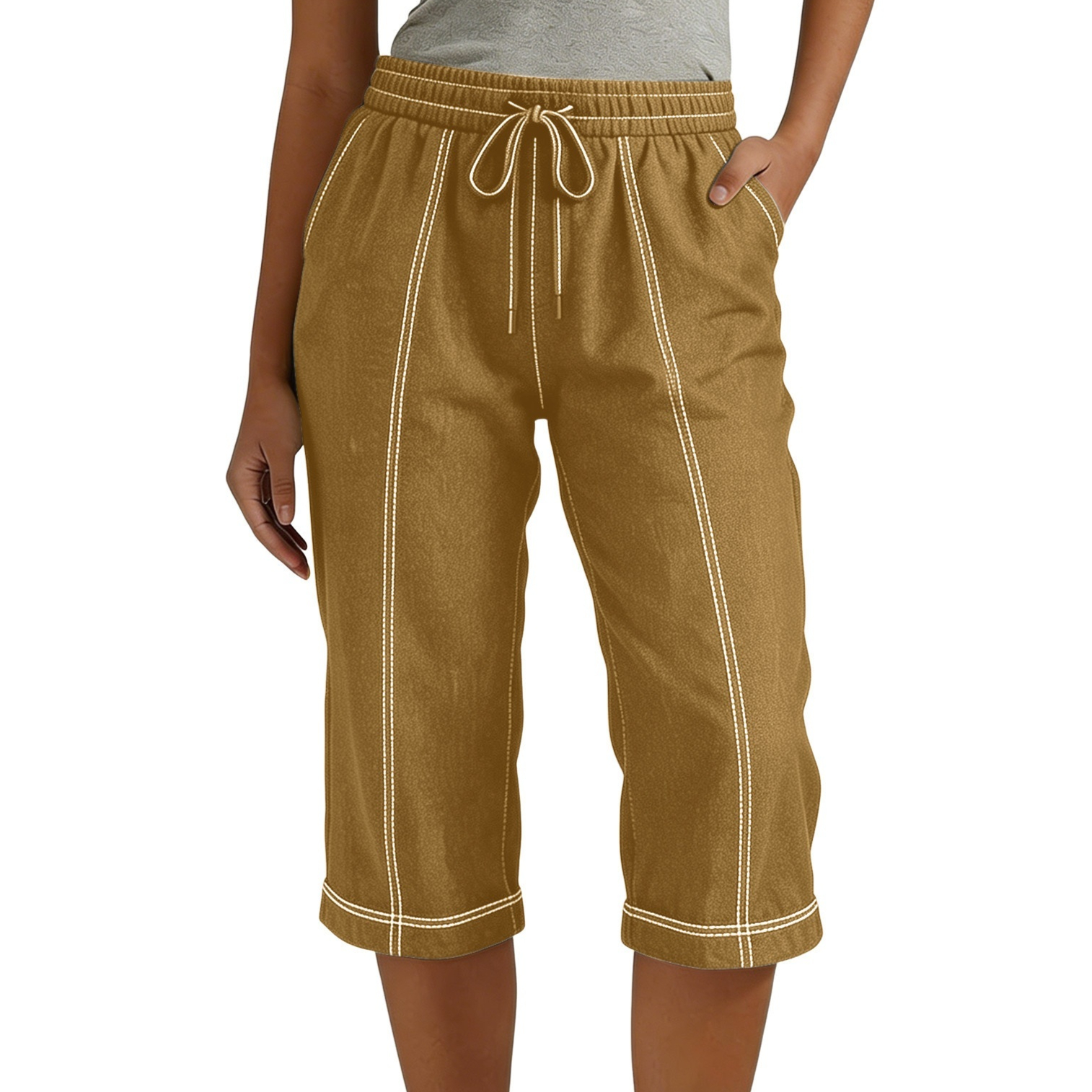 Pantalon droit court taille élastique femme