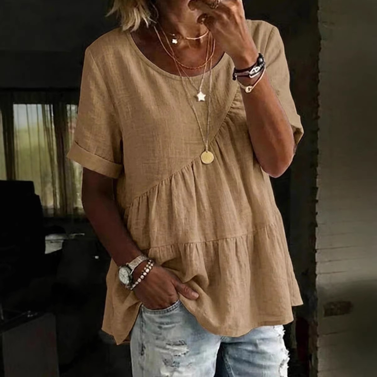T-shirt col rond décontracté pour femme, manches courtes