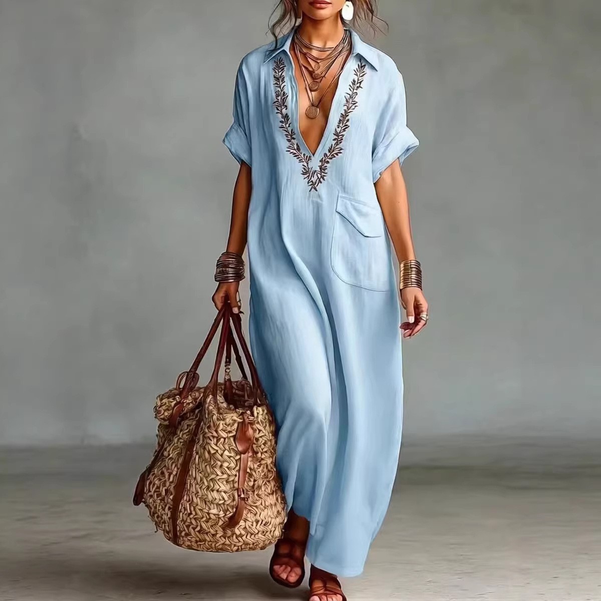Robe coton lin style encolure femme brodée casual