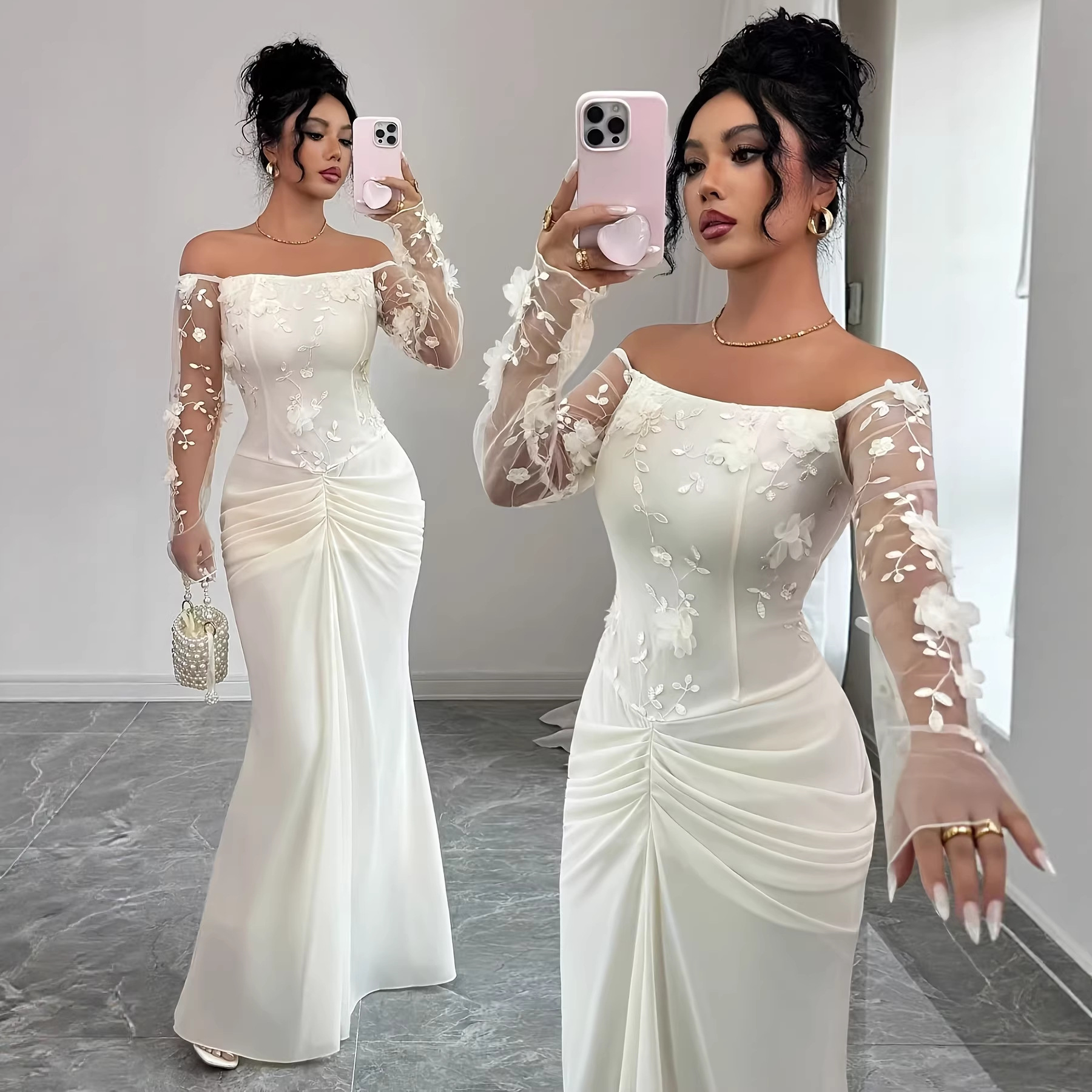 Robe maxi épaules dénudées brodée filet plissée femme