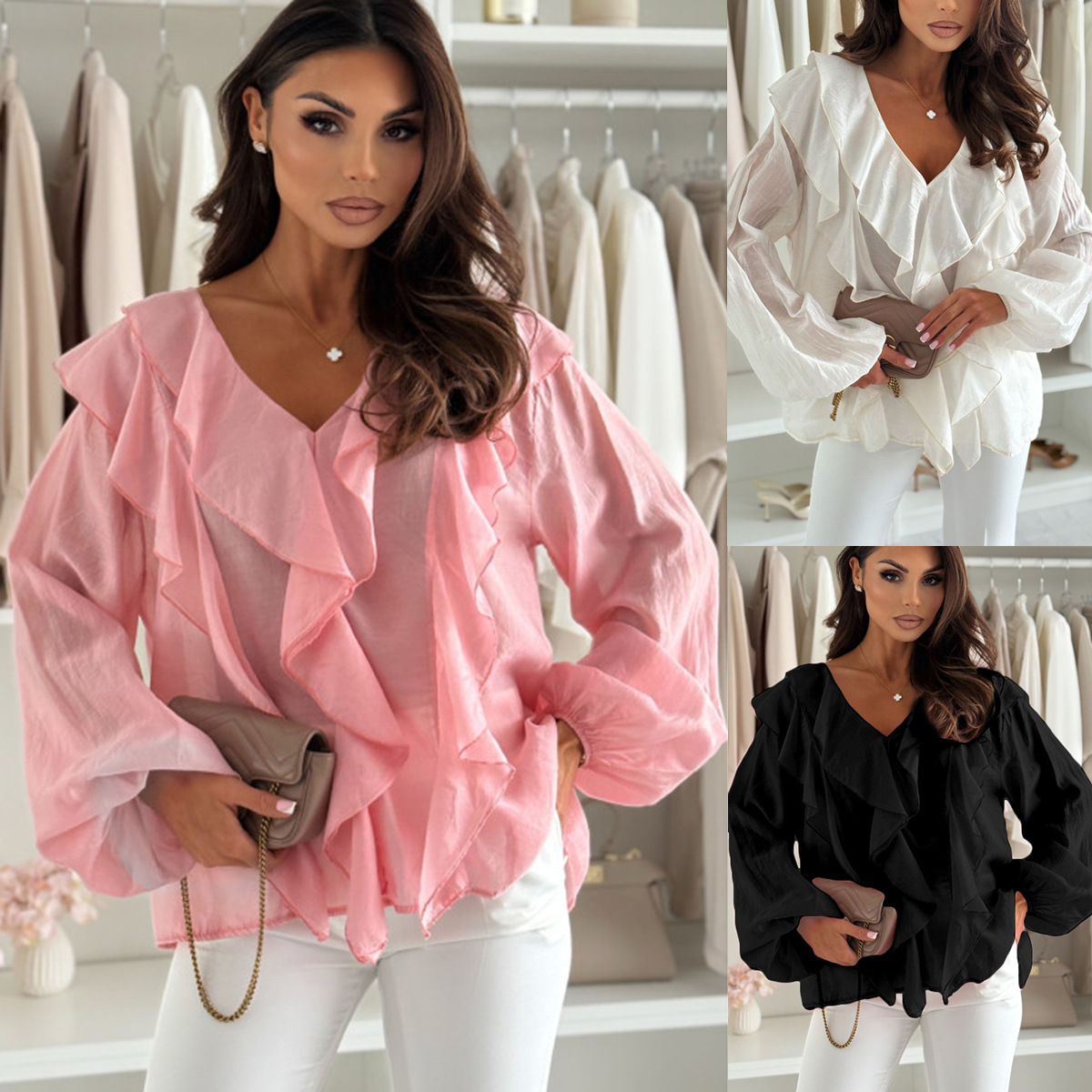 Chemise col V volants manches bouffantes longues