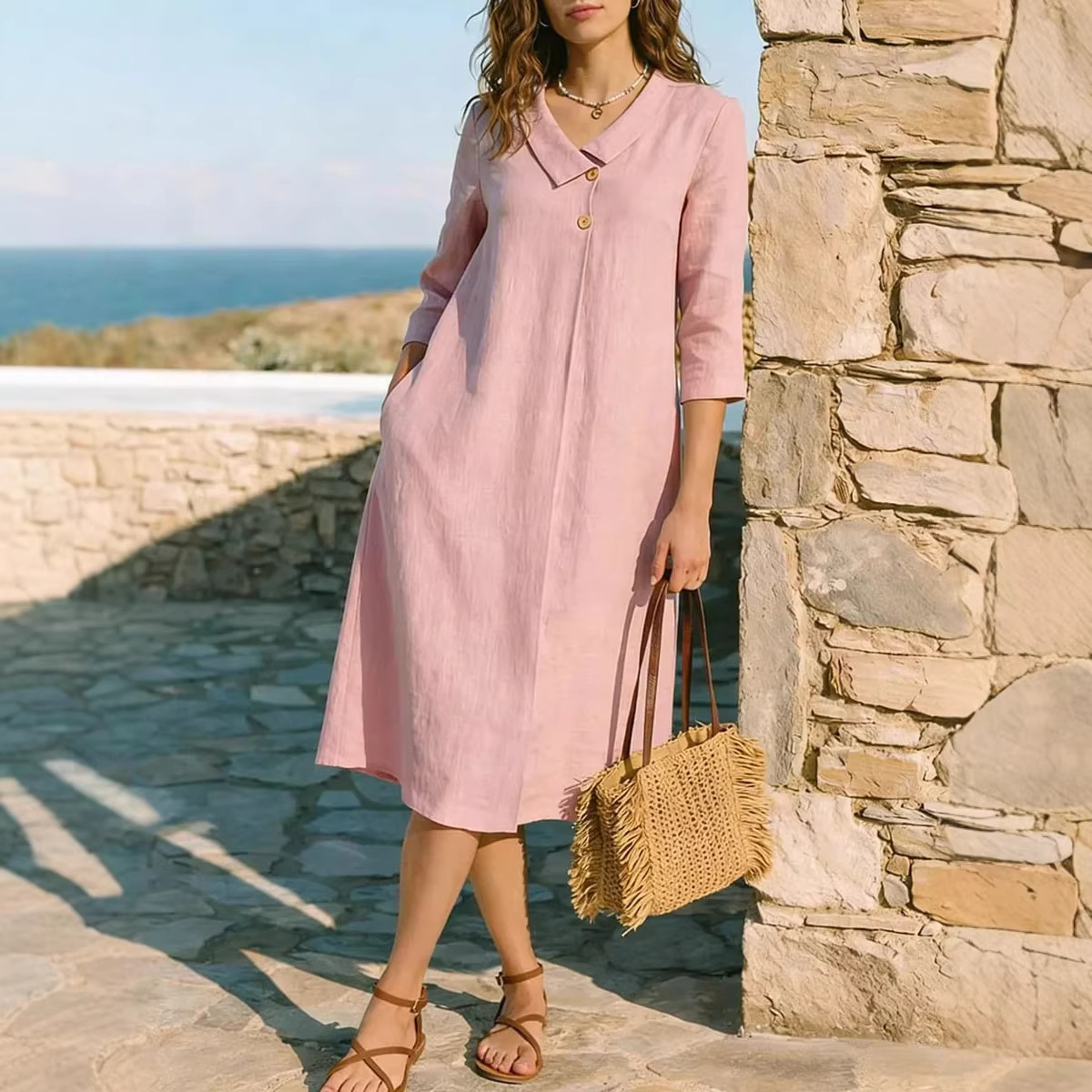 Robe lin col chemise irrégulière style veston femmes