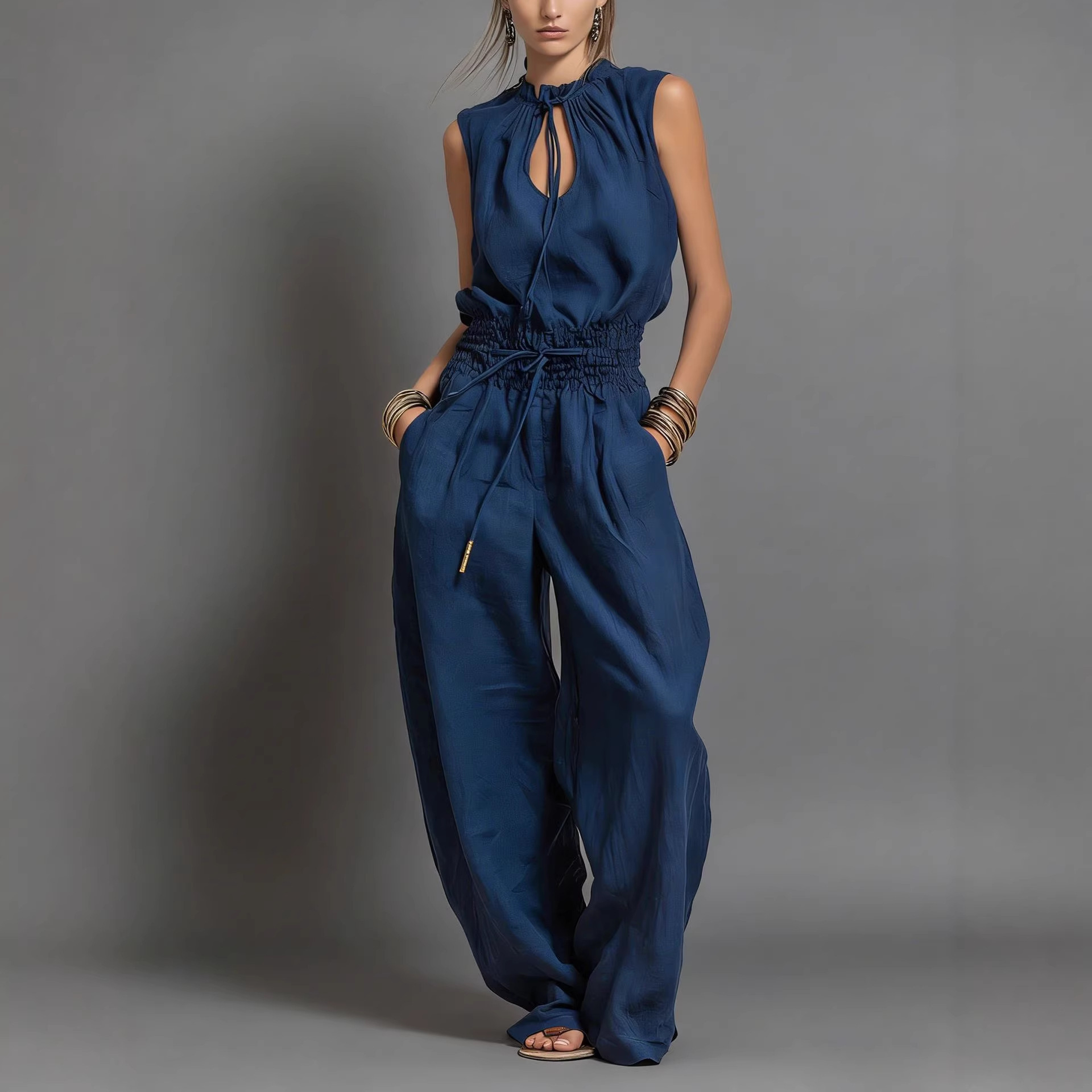 Combinaison jambe large ample taille froncée femme