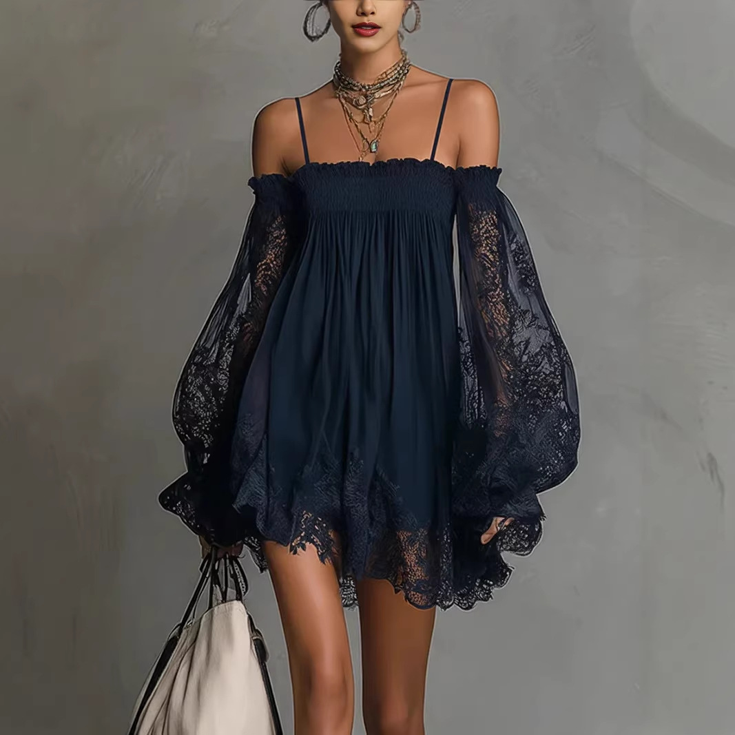 Robe slip manches longues col bateau dentelle extensible
