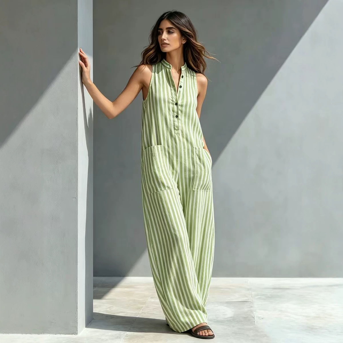 Combinaison pantalon ample rayée, col V, élégante