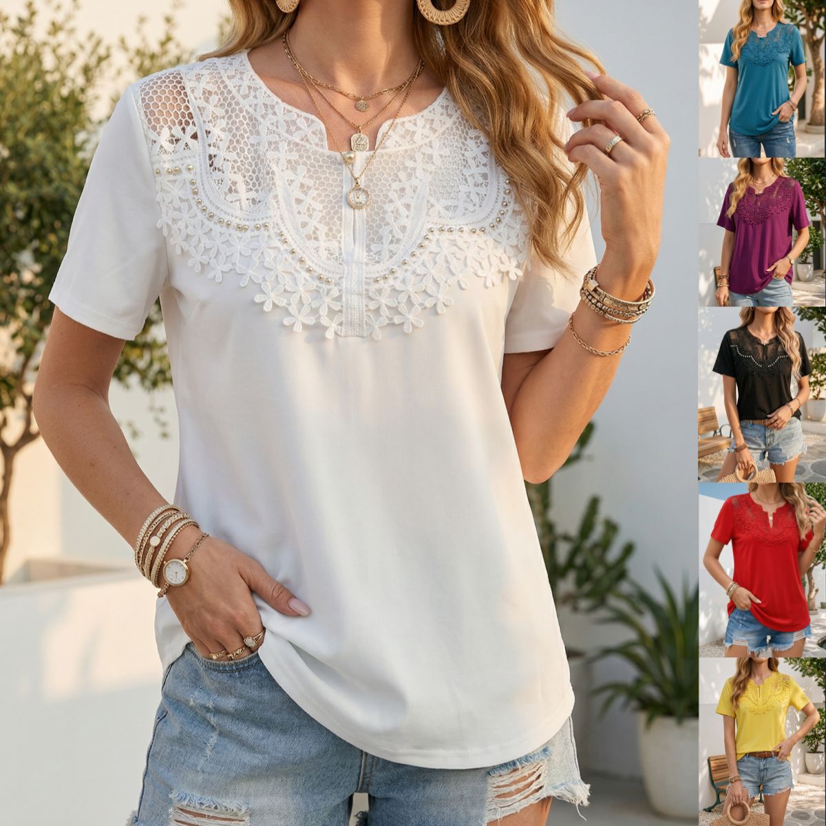 T-shirt court femme loose garniture perles ajouré