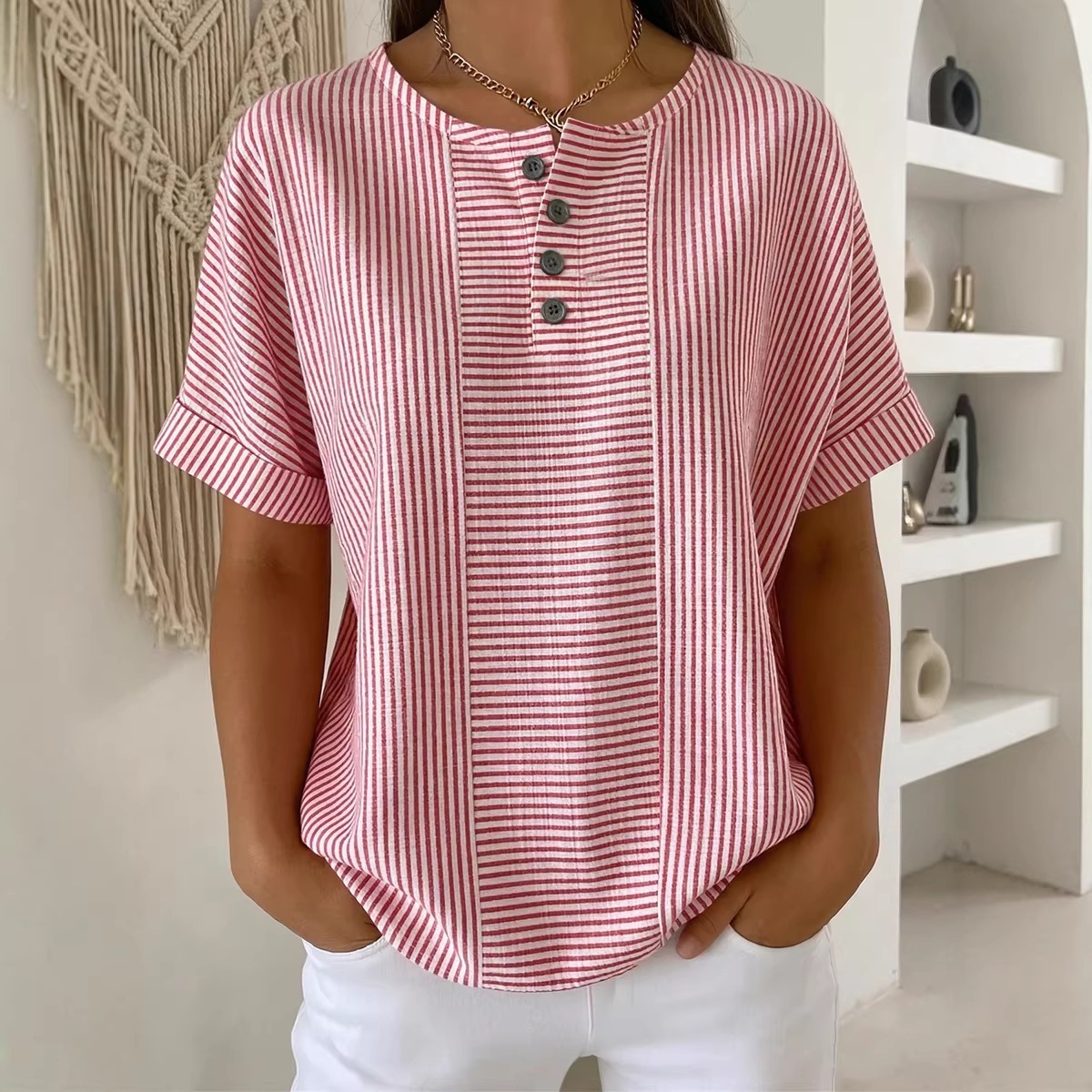 T-shirt col V rayé coton lin
