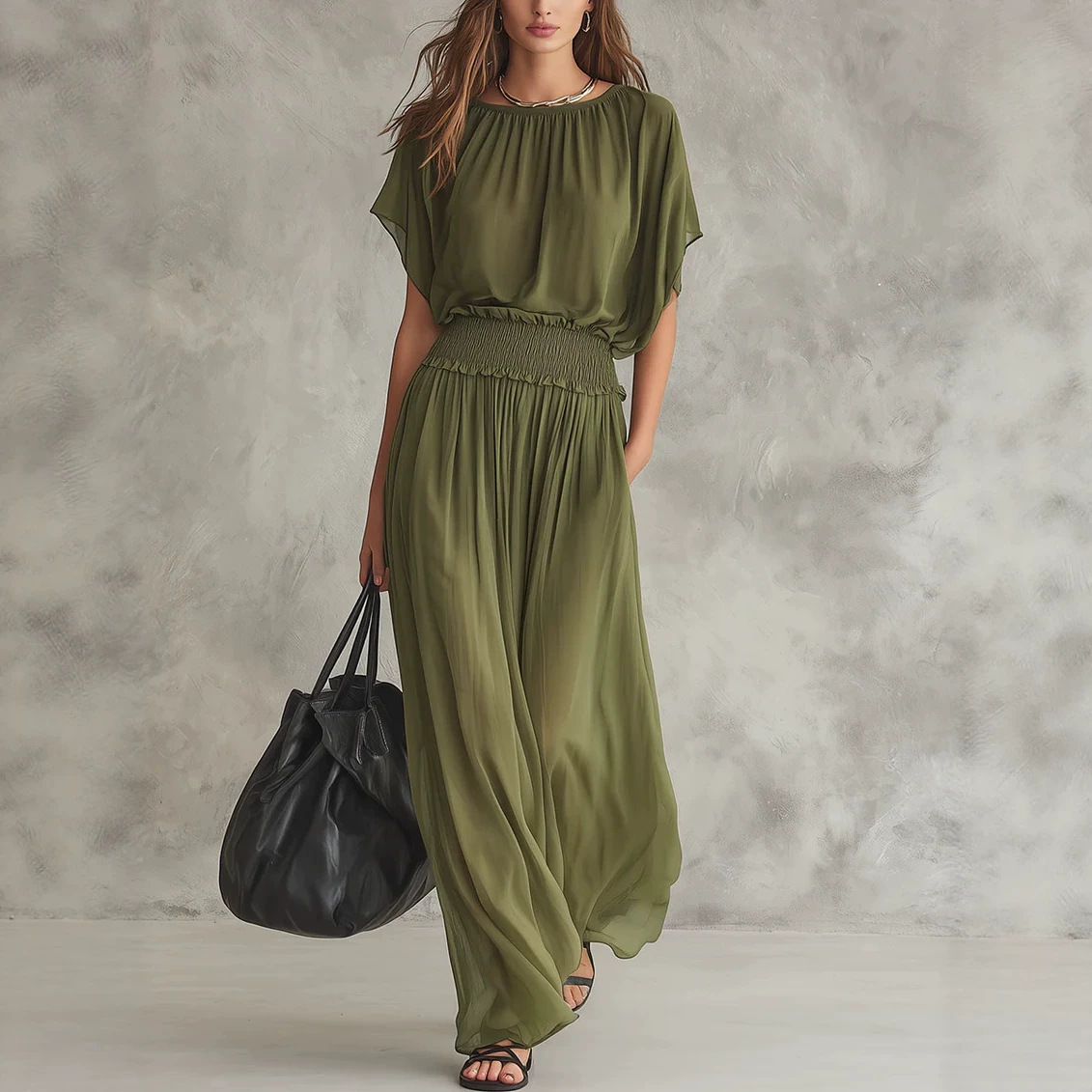 Robe longue mousseline froncée femme