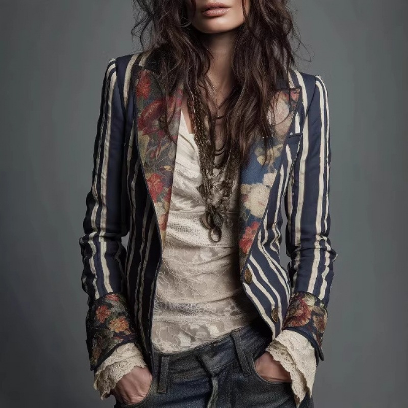Blazer femme bohème rayures blocs couleur