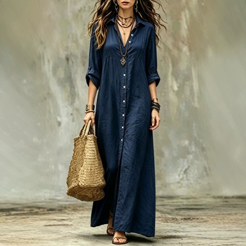 Robe longue casual simple col chemise femme