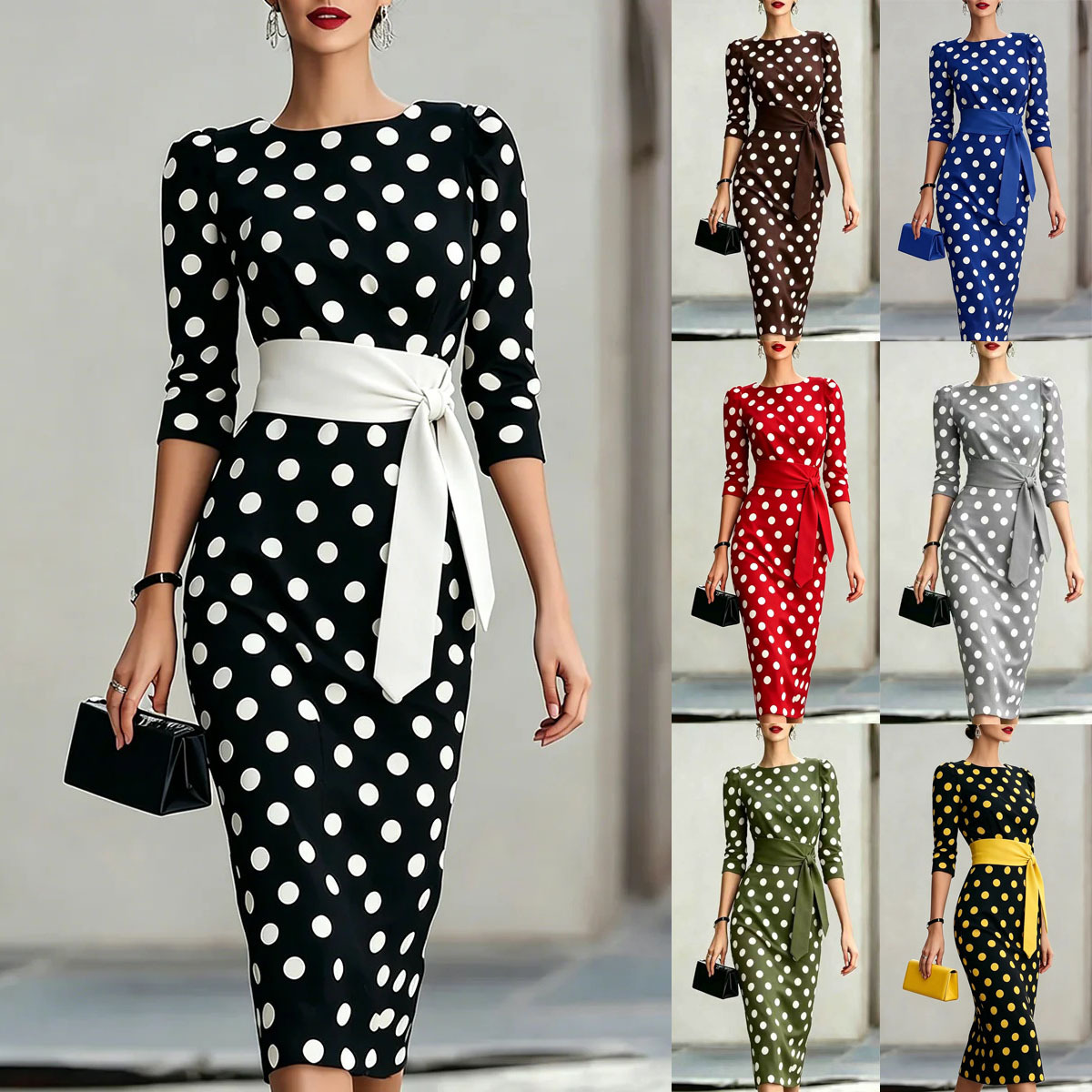 Robe midi femme pois ceinture manches trois-quarts col O
