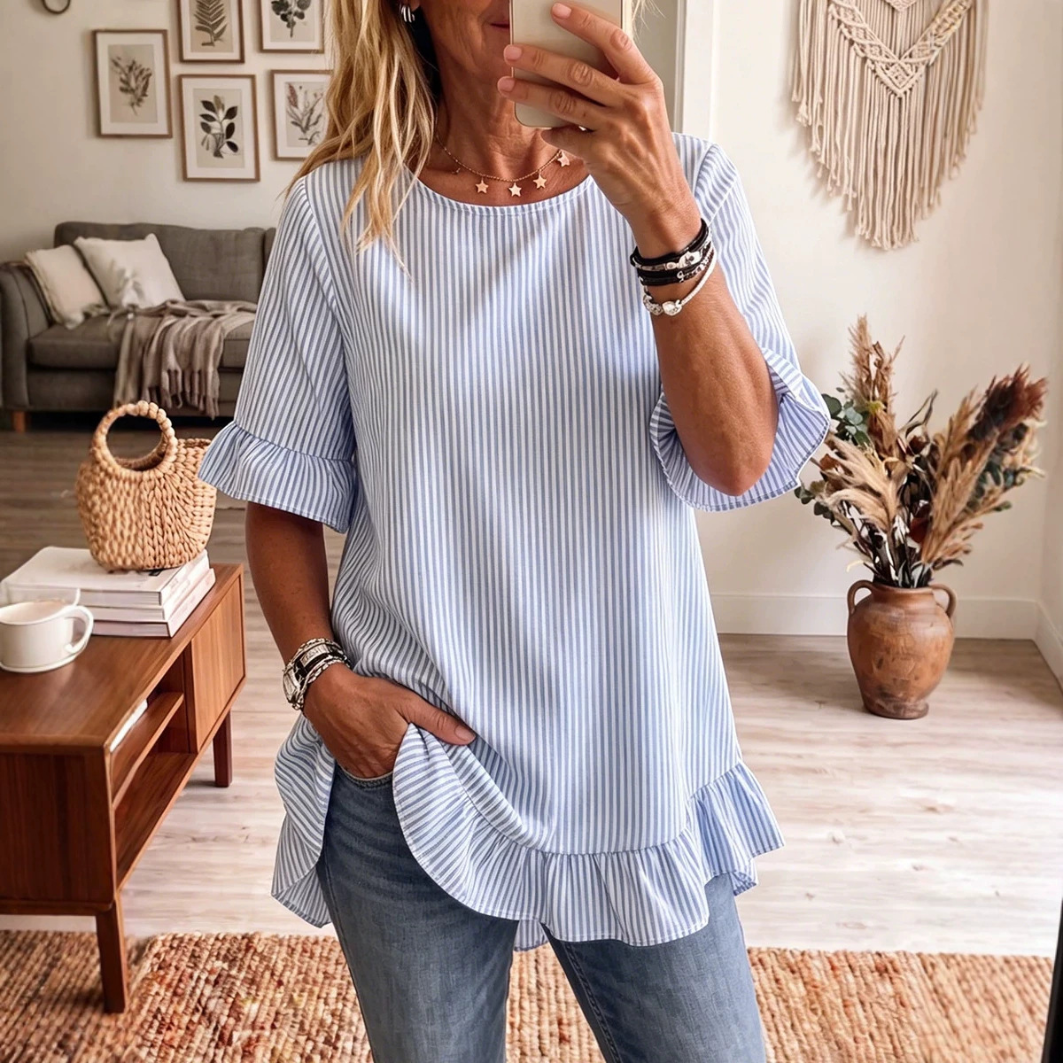Chemise ample à rayures volants femme
