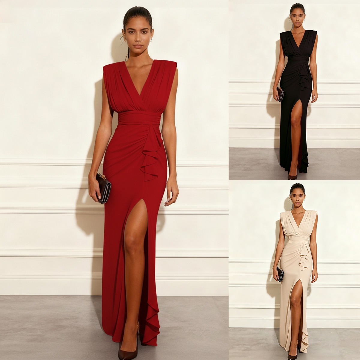 Robe minimaliste col V fente sans manche