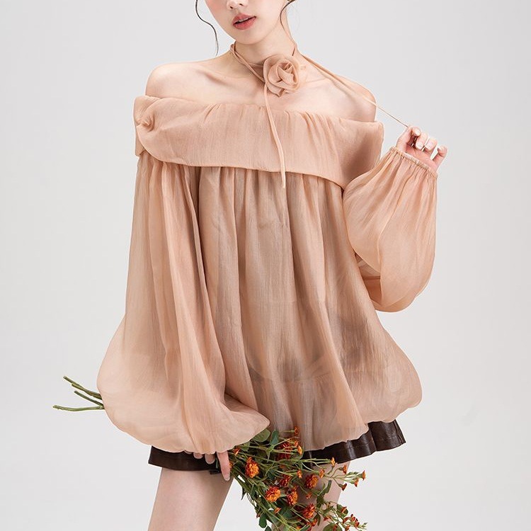 Blouse mousseline élégante col bateau manches longues femme