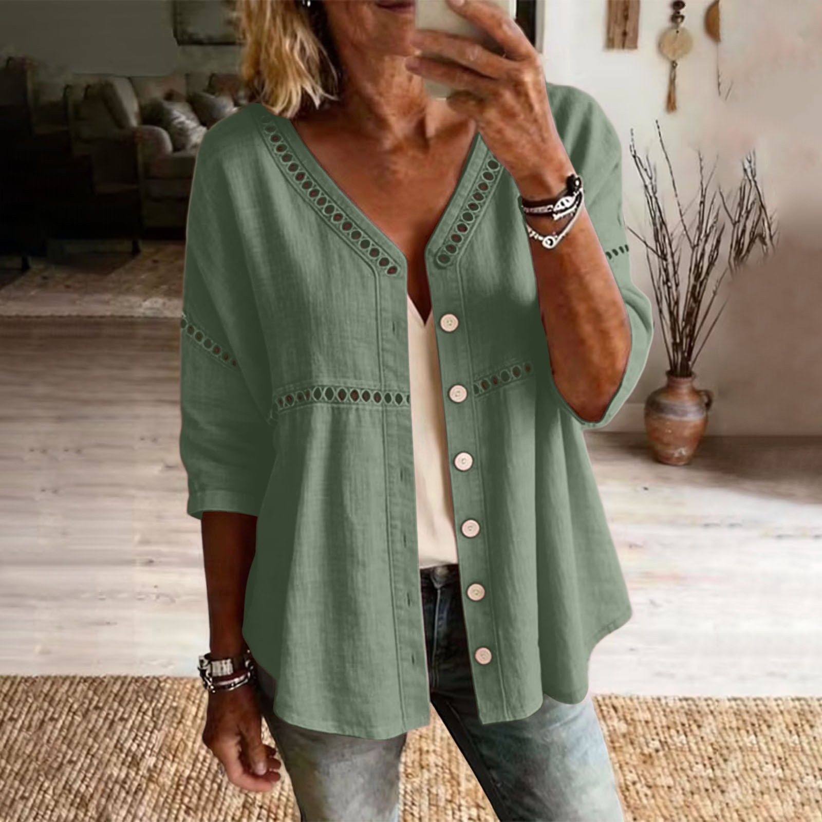 Gilet coton-lin, dentelle, couleur unie, bordures